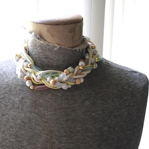 Boho vintage  1980s woven collar- choker , wide  necklace with   white cotton cord, multicolor pastel beads.