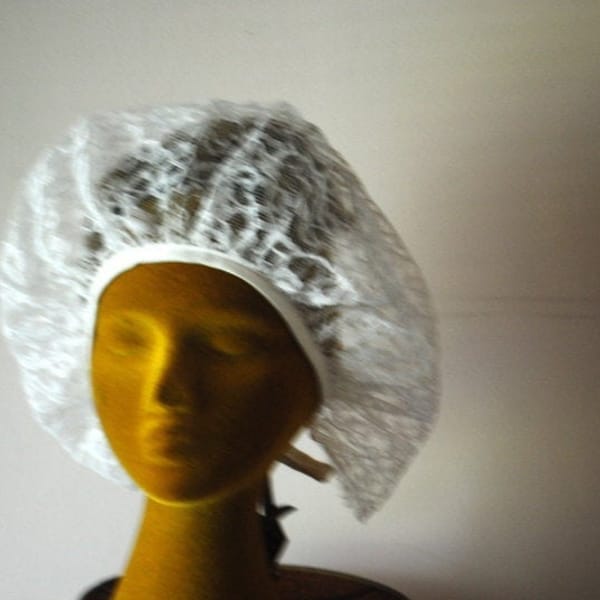 Wedding  vintage 50s white, cinched lace, bed, night head cover-hat . One size fits all.