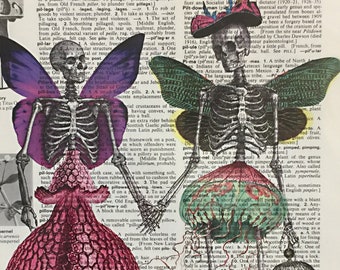 dia de los muertos Skeleton Couple Upcycled Dictionary art print, Day of the Dead Print of a Digital Collage with Vintage Illustration