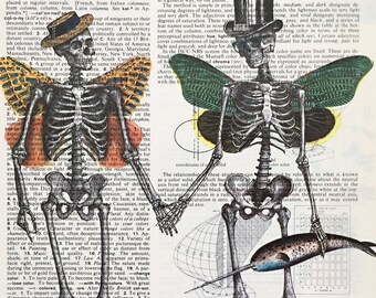 dia de los muertos Skeleton Couple Upcycled Dictionary art print, Day of the Dead Print of a Digital Collage made of Vintage Illustrations