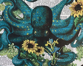 Octopus Dictionary art print "Octopus' Garden", Print of a Digital Collage with Vintage Illustrations, unframed