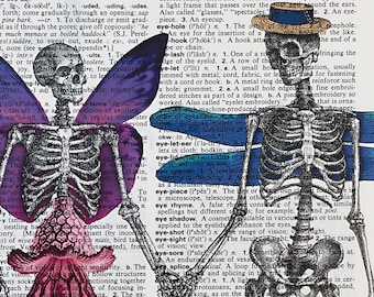 dia de los muertos Skeleton Lovers Art Print on Upcycled Dictionary page, Day of the Dead Print of a Digital Collage