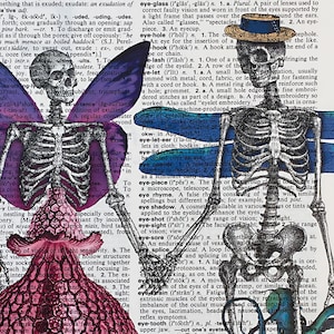 dia de los muertos Skeleton Lovers Art Print on Upcycled Dictionary page, Day of the Dead Print of a Digital Collage image 1