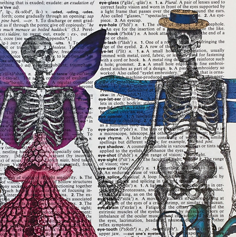 dia de los muertos Skeleton Lovers Art Print on Upcycled Dictionary page, Day of the Dead Print of a Digital Collage image 1