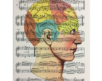 Art print on upcycled sheet music, Print of a Vintage Phrenology Head Illustration, gift for music lover