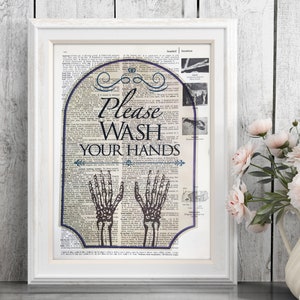 Please Wash Your Hands Art Print of Skeleton Hands Vintage Illustration, pandemic decor unframed image 2