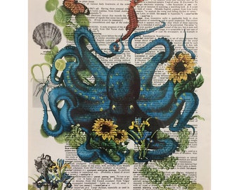 Ocean scene Upcycled Dictionary art print "Octopus' Garden", Art Print of a Digital Collage, unframed