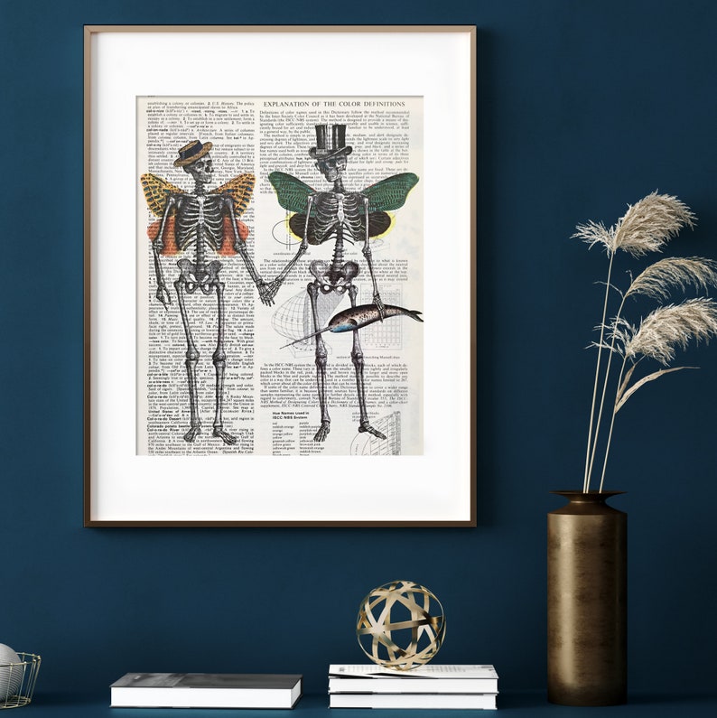 dia de los muertos Skeleton Couple Upcycled Dictionary art print, Day of the Dead Print of a Digital Collage with Vintage Illustration image 8