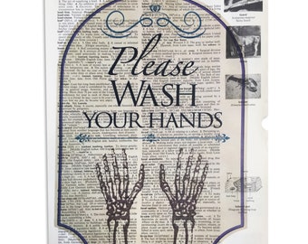 Please Wash Your Hands Art Print of Skeleton Hands Vintage Illustration, pandemic decor unframed