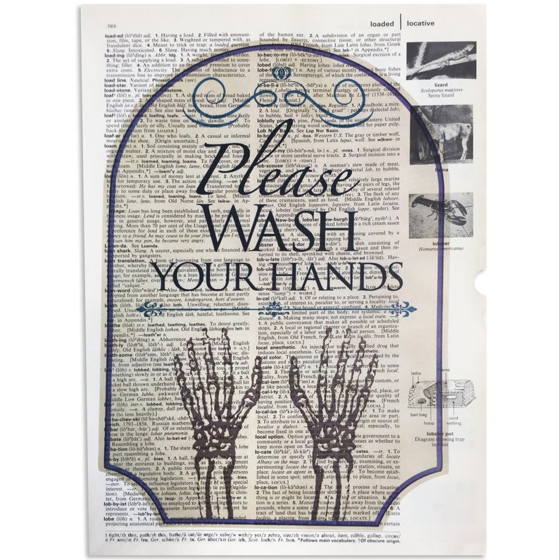 Please Wash Your Hands Art Print of Skeleton Hands Vintage Illustration, pandemic decor unframed image 1