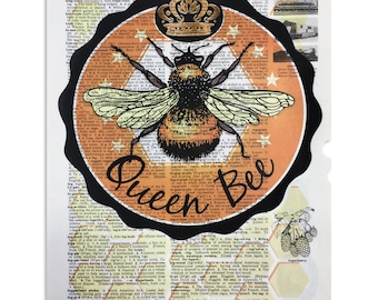 Upcycled Dictionary art print "Queen Bee" • Print of a Honeybee Vintage Illustration, unframed