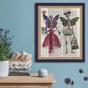 dia de los muertos Skeleton Couple Upcycled Dictionary art print, Day of the Dead Print of a Digital Collage with Vintage Illustration image 2