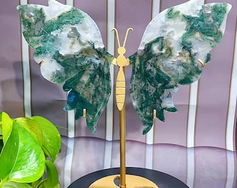 10&quot; Moss Agate Butterfly Wing,Big Crystal Wings Carving,Crystal Healing,Crystal Butterfly，Home Decor,Crystal Gifts+free Stand