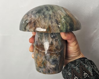 Hand geschnitzter Moosachat Kristall Pilz, Wohnkultur (17,5 cm)
