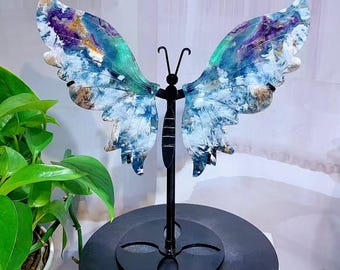 10&quot; Feather Fluorite Butterfly Wing,Big Crystal Wings Carving,Crystal Healing,Crystal Butterfly，Home Decor,Crystal Gifts+free Stand