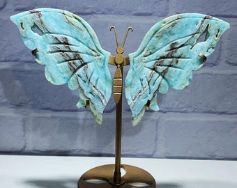 Hemimorphite Crystal Butterfly Wing Carving, Home Decor (7.5" Wide)