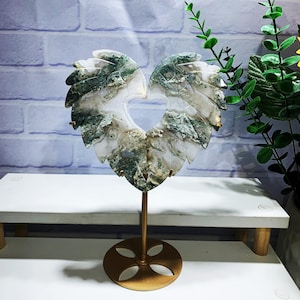 Moss Agate Winged Heart Sculpture with Stand: Hand-Carved Crystal Gift