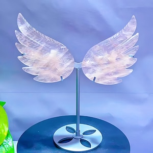 Rose Quartz Crystal Angel Wings: Hand Carved, Healing Decor + Free Stand