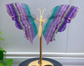 10&quot; Natural Rainbow Fluorite Butterfly Wing,Big Crystal Wings Carving,Crystal Healing,Crystal Butterfly，Home Decor,Crystal Gifts+free Stand