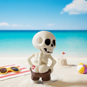 May include: A white skeleton figurine wearing brown shorts with a red kiss mark on its backside, standing on a sandy beach. Yellow sunglasses and a beach ball are nearby. A small sandcastle with a red flag is in the background.