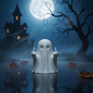 May include: A white ghost figurine with two fingers raised in a rude gesture. The Halloween-themed decoration is set against a spooky backdrop of a full moon, a haunted house, and a bare tree.