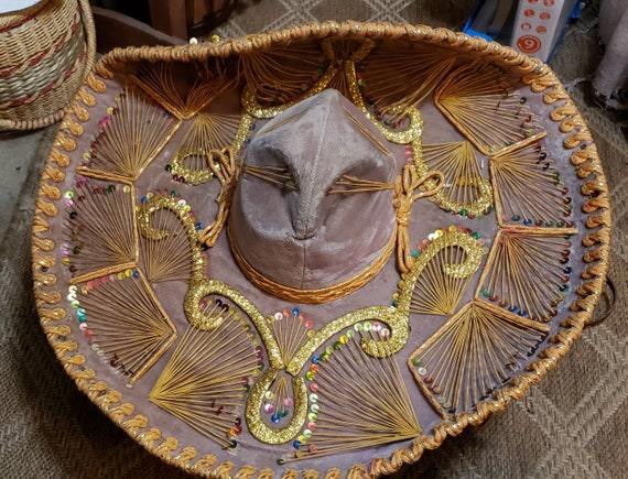 Vintage Authentic Velvet Mexican Cowboy Sombrero H