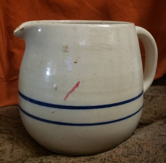 Vintage Large Stoneware Pitcher With 2 Blue Stripes Etsy
