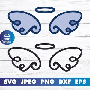 May include: A digital design featuring a pair of blue angel wings with a halo above them. Below the wings is a black outline of the same design.
