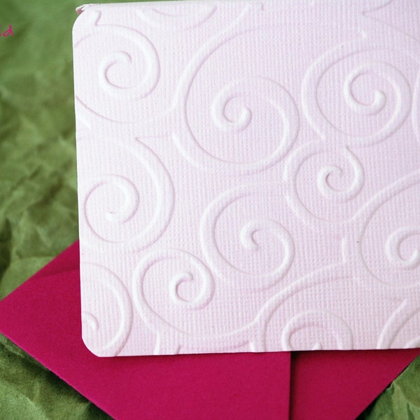 Blank Mini Card Set of 10, Embossed Pink Swirl Design, Bright Pink envelopes, Handmade Paper Goods by mad4plaid on Etsy