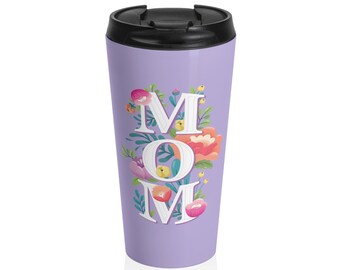 Taza de viaje/vaso de acero inoxidable con monograma floral para mamá, color morado.
