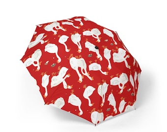 Paraguas plegable con estampado de peces koi blancos / Diseño floral rojo para estanque