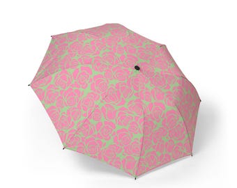 Pink Rose Pattern Foldable Umbrella | Floral Compact Rain Umbrella