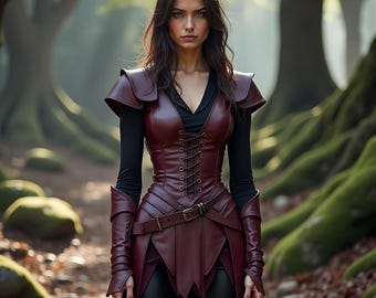 Handcrafted Genuine Burgundy Leather Corset Dress | Layered Panel Skirt – Gothic Medieval Renaissance LARP Cosplay Ensemble