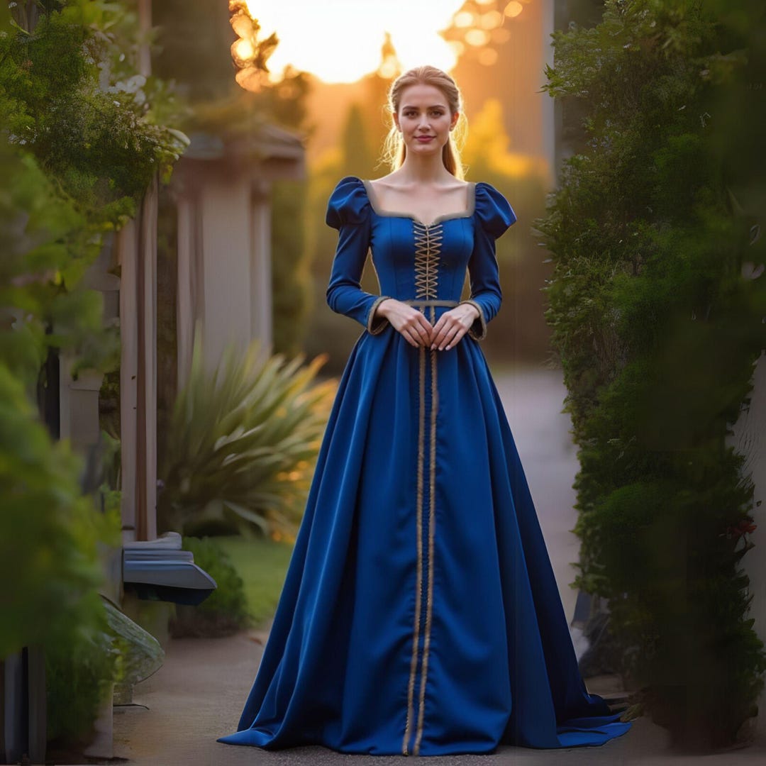 Azure Renaissance Women's Gown Medieval Style Maxi Billowing Sleeves  Gown Regal Midwest Princess Attire Royal Blue Medieval Dress