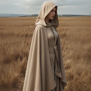 Renaissance Gothic Desert Wanderer Women Beige Hooded Cloak Handmade Medieval Cape and Gown | Cosplay Fantasy Outerwear for LARP & Ren faire