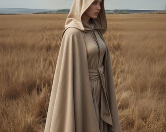 Renaissance Gothic Desert Wanderer Women Beige Hooded Cloak Handmade Medieval Cape and Gown | Cosplay Fantasy Outerwear for LARP & Ren faire