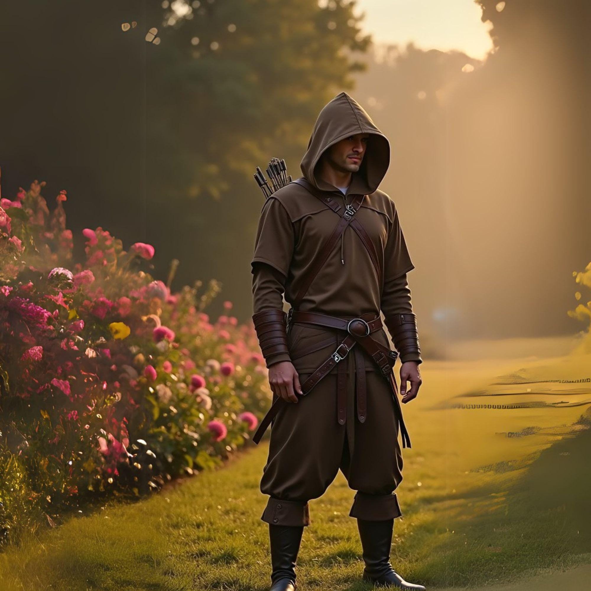 Rustic Brown Medieval Men’s Archer Costume with Hooded Tunic| Sherwood Forest Theme Outfit| Fair Fantasy Cosplay Outfit for Renaissance Fair