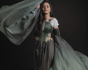 Elven Fantasy Women's Dress | Green Fairy Corset Gown | Medieval Lace-Up Costume | Flowing Sheer Sleeves Casual Wear | LARP Cosplay Outfit