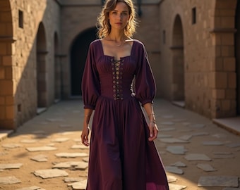 Regal Renaissance Korsett Kleid | Mittelalterlich inspiriertes Kleid mit geschnürtem Mieder und Puffärmeln | Vintage Eleganz für Festivals