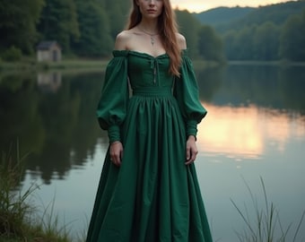 Emerald Mystical Gown | Off-Shoulder Medieval Dress with Billowing Sleeves & Regal Flow | Elegant Renaissance-Inspired Attire