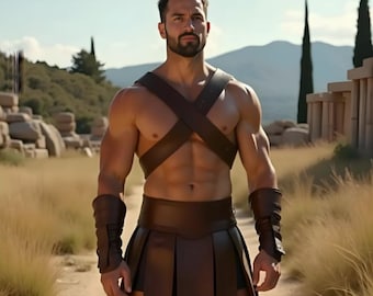 Conjunto de armadura de couro de gladiador masculino | Fantasia de guerreiro romano | Saia de batalha marrom com alças | Traje de cosplay de fantasia | Traje LARP masculino