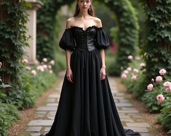 Gothic Renaissance Off-Shoulder Gown | Victorian-Inspired Corset Dress with Puff Sleeves & Lace-Up Back | Dramatic Ball Gown for LARP Event
