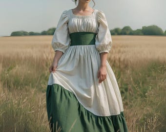 Victorian Two-tone Forest Green Maiden Medieval Dress | Renaissance Village Costume | Cottagecore Puff Sleeves Gown |  Rustic Regal Maxi