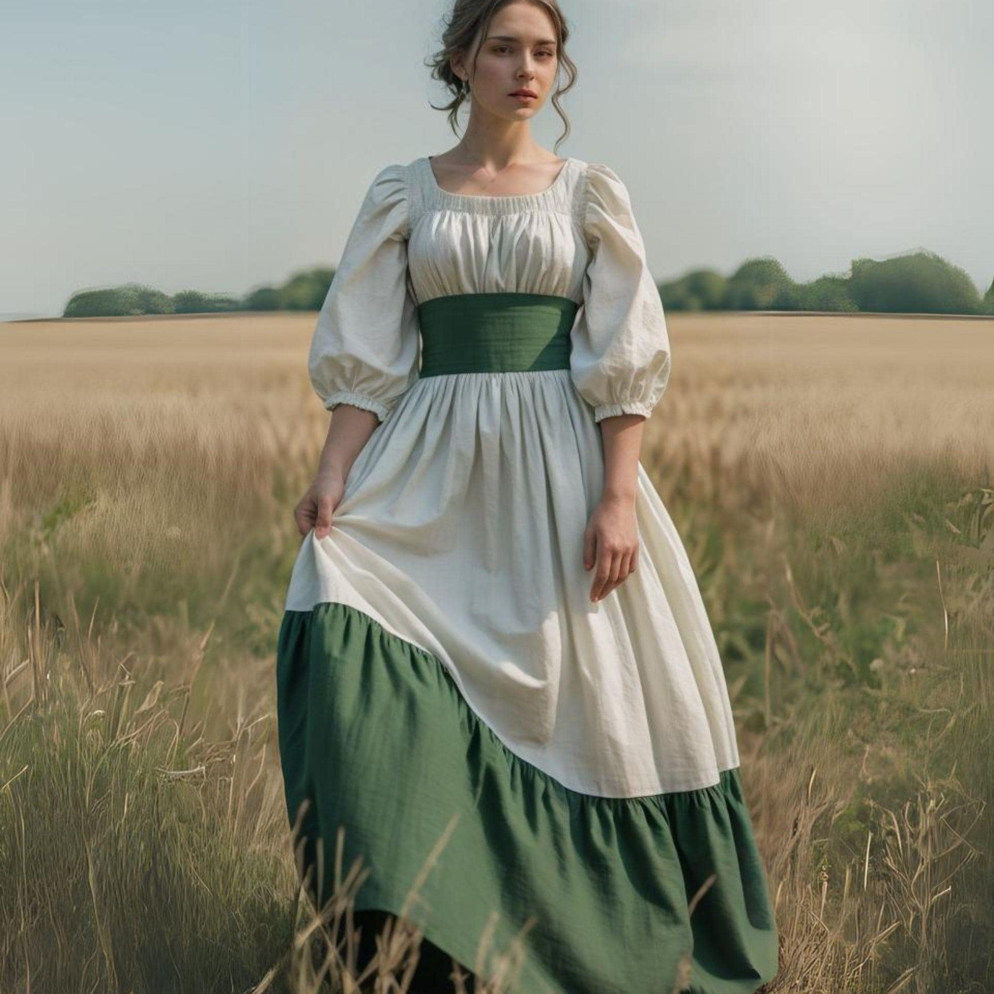 Victorian Two-tone Forest Green Maiden Medieval Dress | Renaissance Village Costume | Cottagecore Puff Sleeves Gown | Rustic Regal Maxi