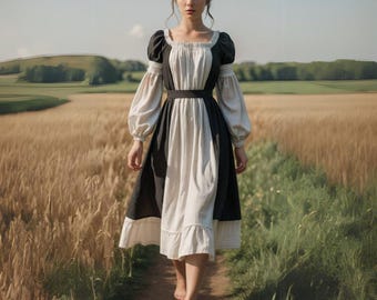 Peasant Maiden Midi Dress | Black & White Renaissance Gown | Rustic Cottagecore Medieval Village girl Dress | Ren Fair Halloween Costume