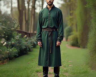 Men&#39;s Green Trench Coat | Full Zip Duster | Medieval Style Jacket | Cosplay Costume | Unique Menswear for Cosplay and LARP Events
