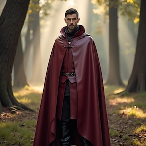 Men’s Leather Hooded Cloak | Medieval Fantasy Cape | Full-Length Maroon Warrior Robe | LARP Cosplay Outerwear | Renaissance Costume For Him
