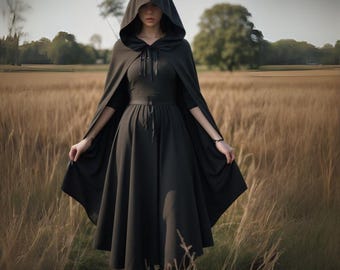 Midnight Black Hooded Cape for Renaissance Event | Scary Old Witch Gothic Fantasy Cloak | Women’s Full-Length Cape | Dark Cosplay Outerwear