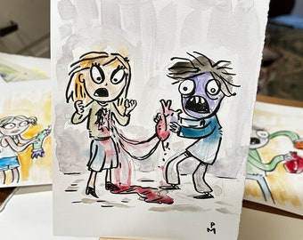 Zombie Valentine You Stole My Heart (original watercolor)