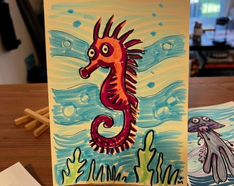Seahorse marker illustration (original 5.5" x 7.5" marker and pen and ink on paper)